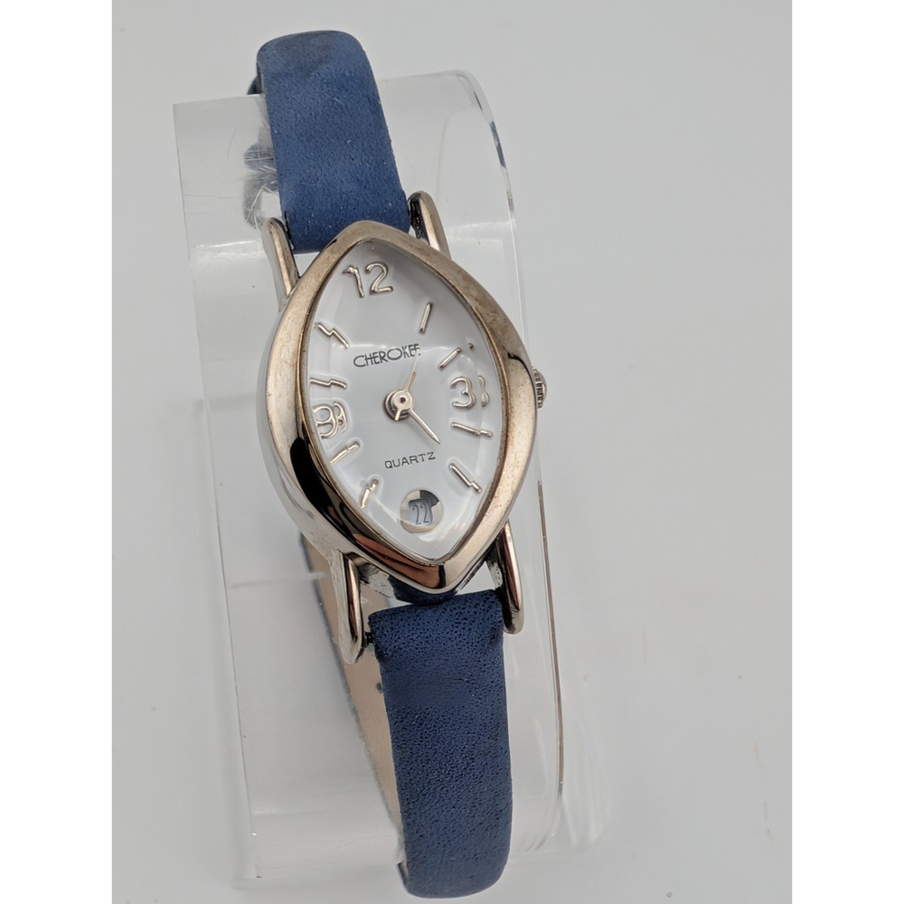 Vintage Cherokee Women's Watch 19mm Silver Case Blue Leather Band- New Battery